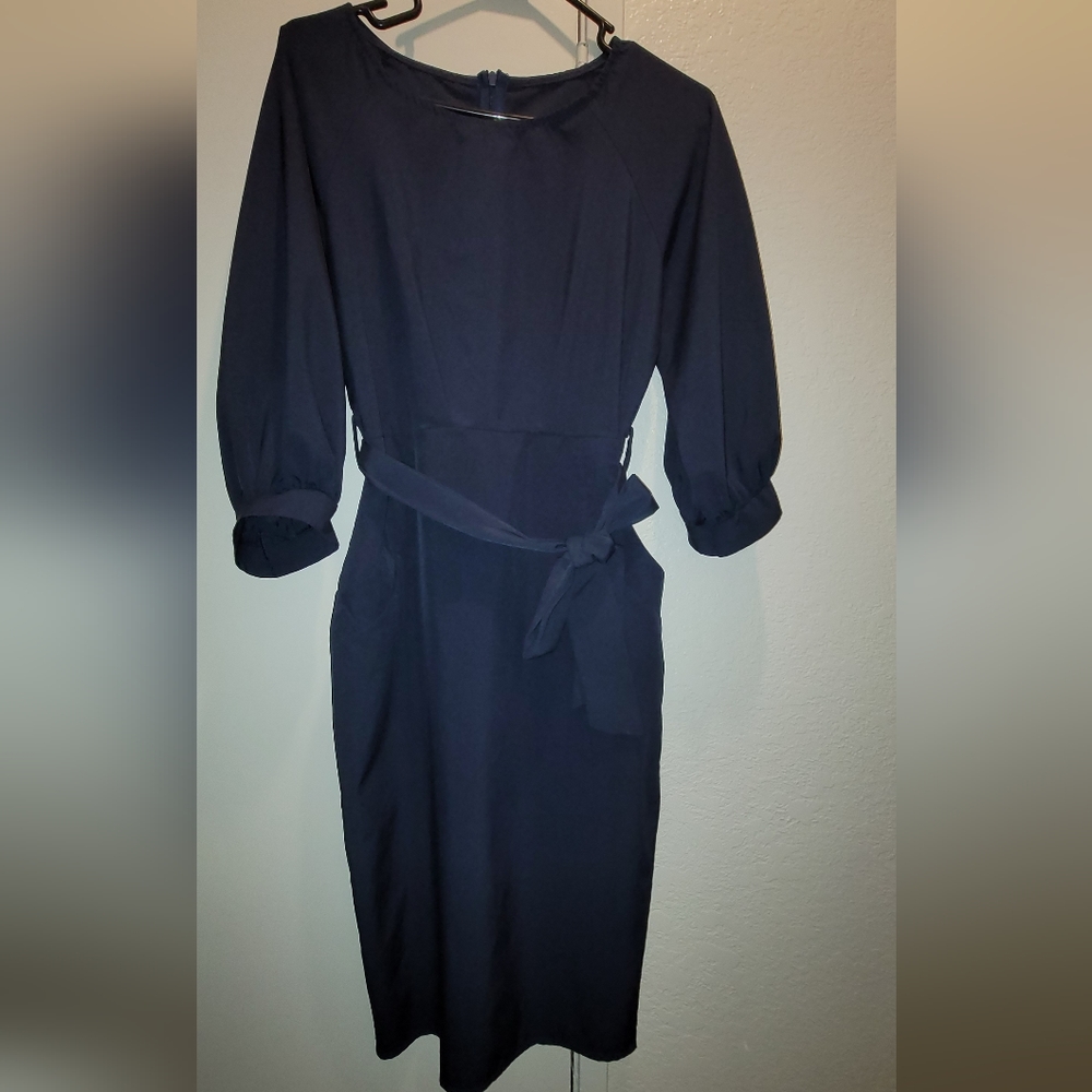 Omine Womens Lantern Sleeve Navy Blue Wear to Work with Belt Dress Large